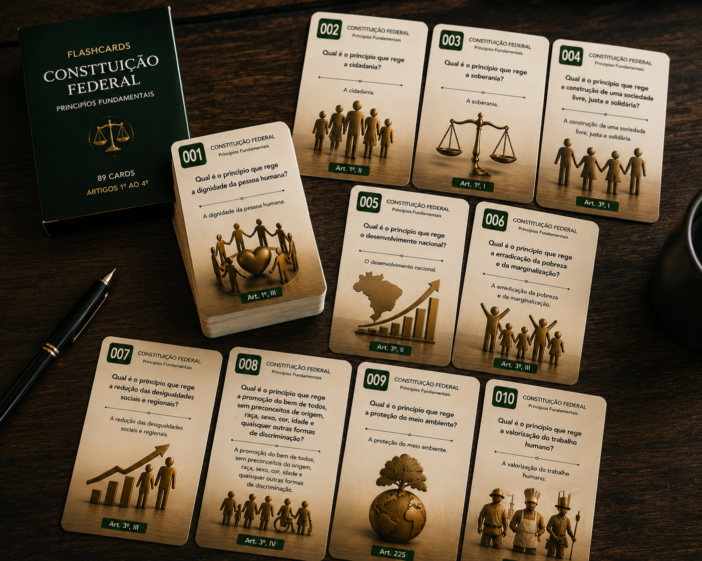 Flashcards da Constituição Federal espalhados sobre a mesa