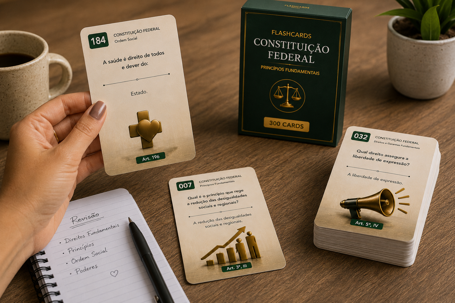 Pessoa segurando o flashcard da Constituição Federal com o baralho e a caixa ao lado